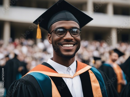Portrait of a black American man with a beautiful and sincere smile at a university graduation ceremony 