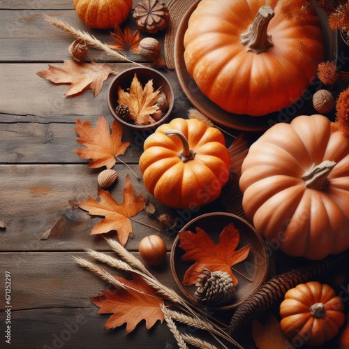 Autumn background from fallen leaves and fruits with vintage place setting on old wooden table. Thanksgiving day concept