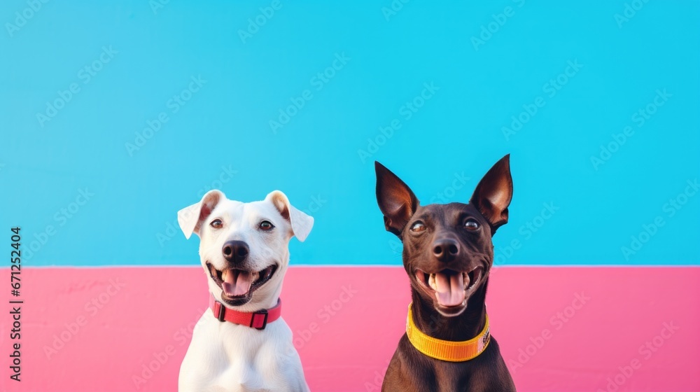 A couple of dogs are sitting next to each other on a blue and pink background. Generative AI.