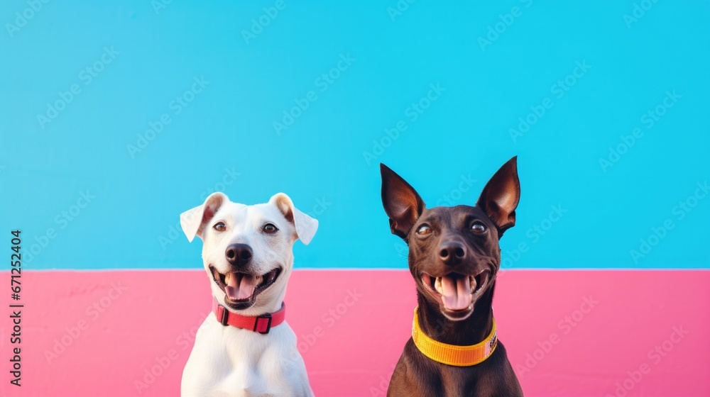 A couple of dogs are sitting next to each other on a blue and pink background. Generative AI. A couple of dogs are sitting next to each other on a blue and pink background. Generative AI.