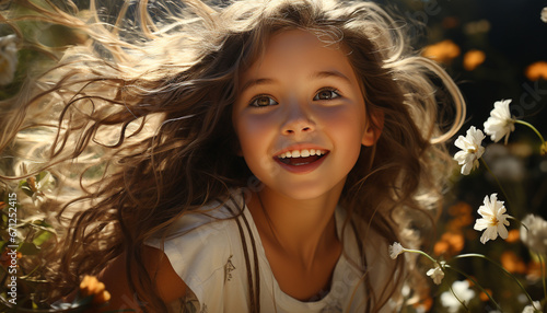 Smiling, cheerful child enjoys nature beauty with carefree laughter generated by AI