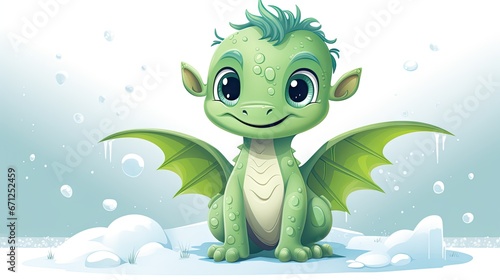  a green dragon sitting in the snow with bubbles on it s back and eyes wide open  with a smile on its face.  generative ai