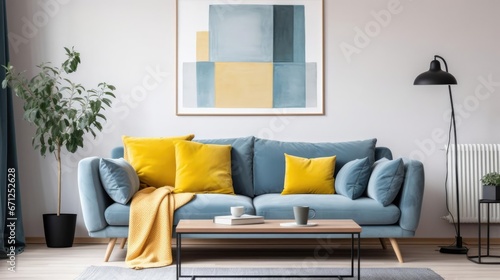 Blue sofa with yellow pillows and blanket against beige wall with frame poster Scandinavian home interior design of modern living © Fred
