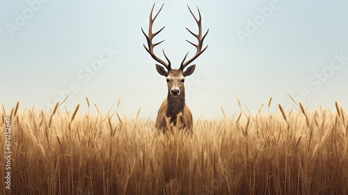  a deer standing in the middle of a field of tall grass with it's head turned to the side. generative ai