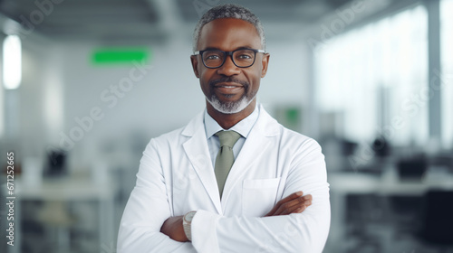Happy middle-aged Afro-American doctor standing in the office  arms crossed. Generative AI 