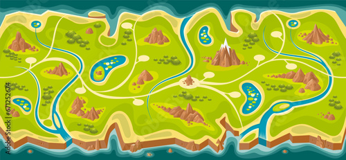 Game map for completing the route. Mountains, sea, rivers and lakes view from above. Looped and seamless map. Map for arcade, match 3 or any other app. Horizontal map. Game path.    