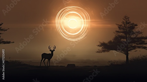  a deer standing in the middle of a forest at night with the sun shining through the trees and the moon in the sky.  generative ai