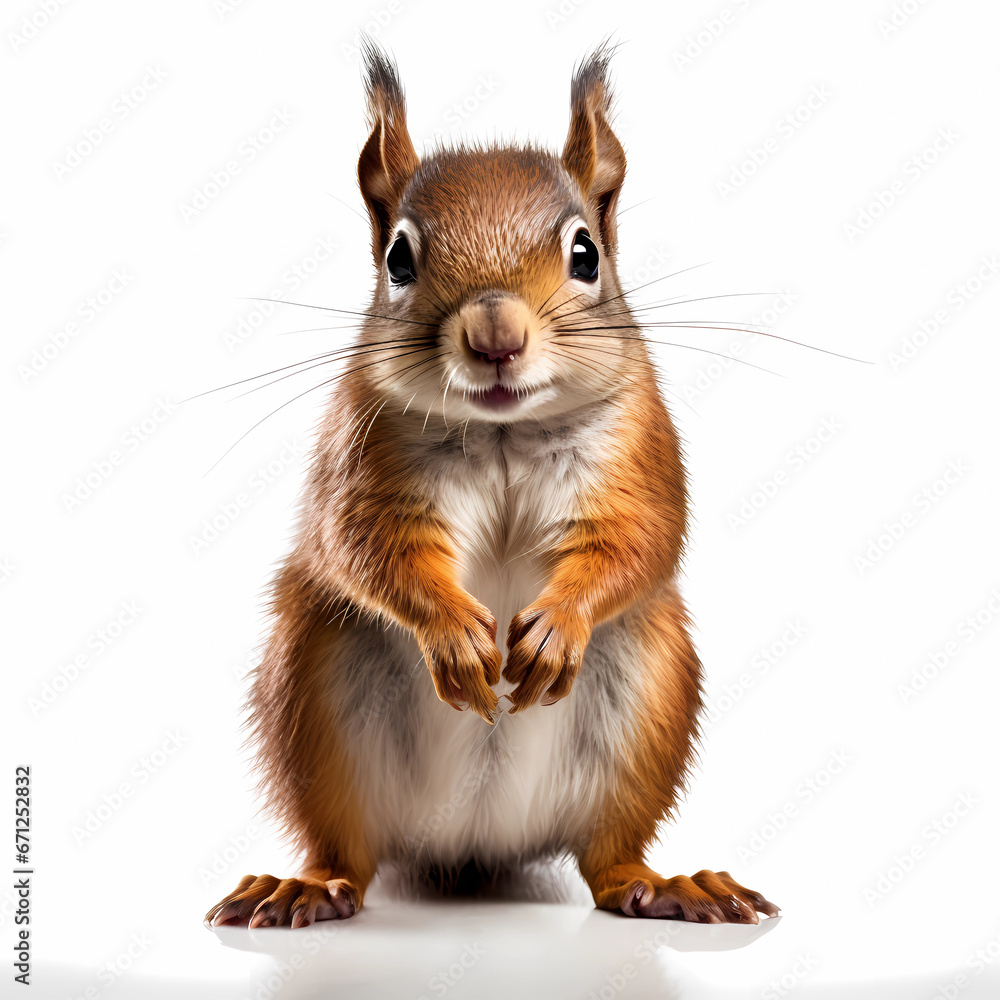Cute realistic squirrel, high detail illustration. Squirrel isolated on white background, sitting frontal