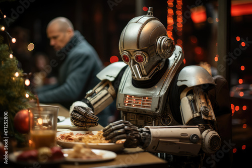A Christmas dinner served by robots in a fully automated restaurant, emphasizing technological advancements in the culinary industry. Generative Ai.