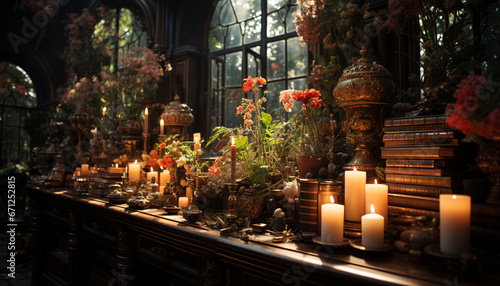 Candlelight illuminates tranquil chapel, symbolizing spirituality and Christian devotion generated by AI