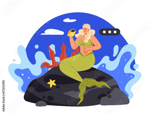 Beautiful mermaid at rock concept. Fictional character from fairy tale. Mythology and legend. Beautiful woman with green fash tail. Cartoon flat vector illustration isolated on white background