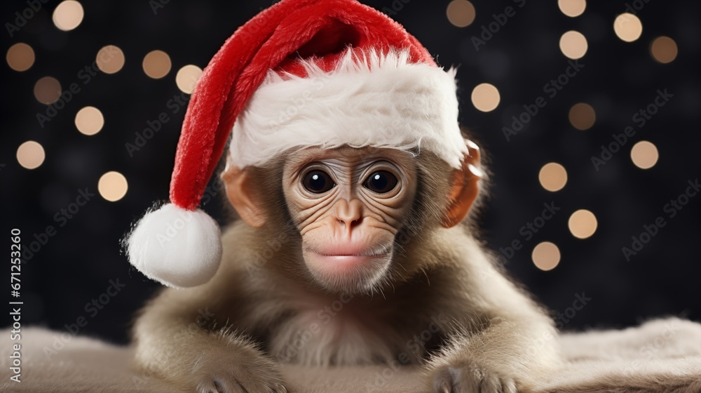 Image of a monkey in a Santa Claus hat. Image of a monkey in a Santa Claus hat.