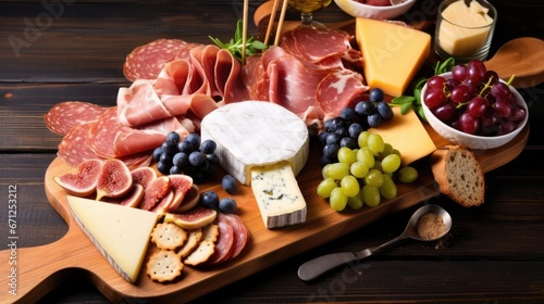 Charcuterie board of a variety of cheeses meats and appetizers Above view table scene on a dark wood background 