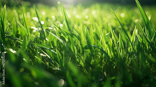 A close-up view of vibrant green grass blades glistening in the sunlight.