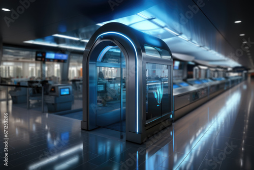 A security checkpoint at the airport equipped with biometric scanning to ensure safe and efficient travel. Concept of airport security. Generative Ai.