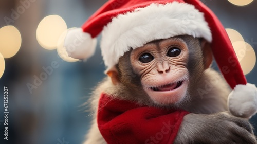 Image of a monkey in a Santa Claus hat.
