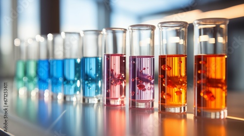 Close-up of several transparent laboratory test tubes.