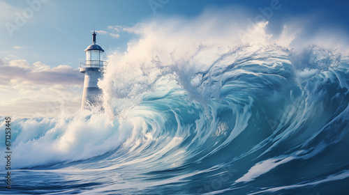 Blue ocean wave with white foam and Lighthouse in the background. Close-up of blue ocean wave with white foam. Abstract background. 