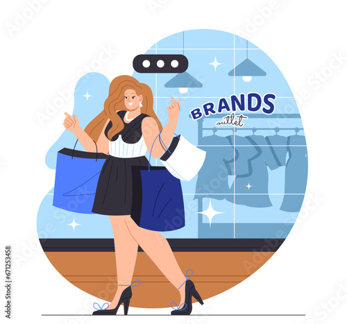 Brands outlet concept. Woman with shopping bags near glasses with clothes. Fashion, trend and style. Shoppaholic near boutique. Cartoon flat vector illustration isolated on white background