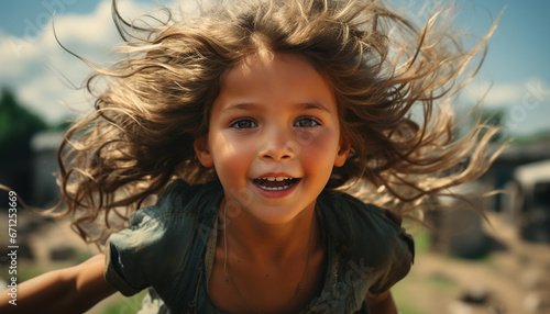 Smiling child enjoys carefree summer, nature beauty, and playful fun generated by AI