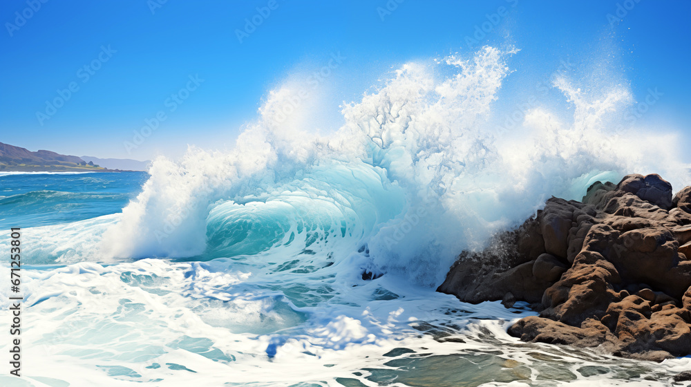 Blue ocean wave with white foam crashing to the big rock and blue sky ...