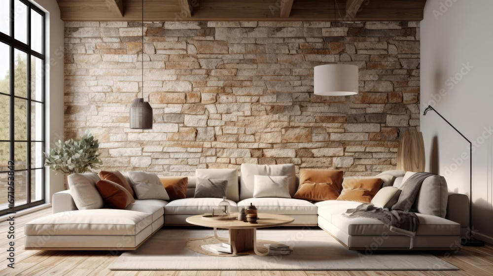 Corner sofa against window in room with stone cladding walls Farmhouse style interior design of modern living room Created with Corner sofa against window in room with stone cladding walls Farmhouse style interior design of modern living room Created with