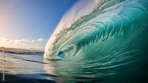 Blue ocean wave with white foam and blue sky in the background. Close-up of blue ocean wave with white foam. Abstract background