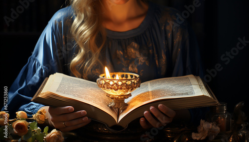 A woman reading the Bible, praying, holding a candle at night generated by AI