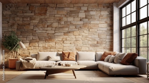 Corner sofa against window in room with stone cladding walls Farmhouse style interior design of modern living room Created with © Fred