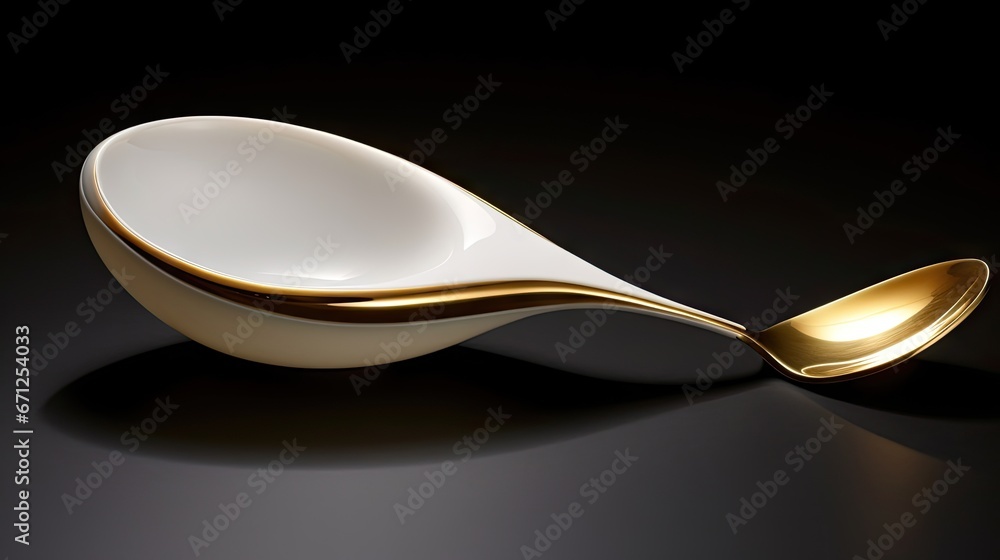 a white and gold spoon sitting on top of a black table next to a white bowl with a gold spoon sticking out of it. generative ai a white and gold spoon sitting on top of a black table next to a white bowl with a gold spoon sticking out of it. generative ai