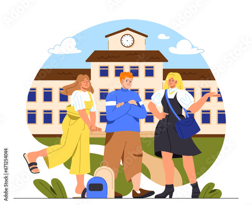 College students concept. Boy and girls near school building. Education, learning and training. Schoolers near university. Cartoon flat vector illustration isolated on white background
