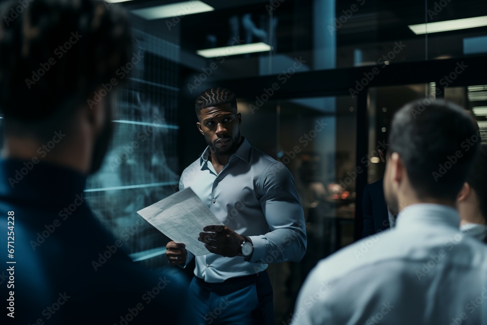 boss at a meeting with subordinates in modern office