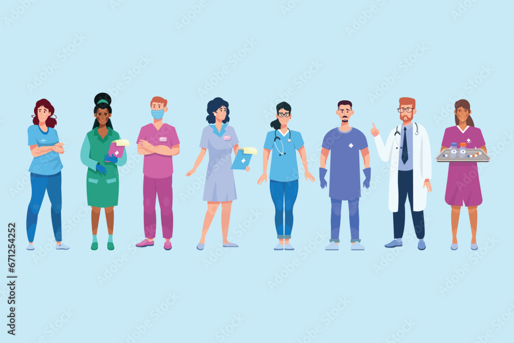 Set of doctors, nurses and paramedics. Portraits of male and female medic workers in uniform with stethoscopes, masks and gloves. Flat cartoon illustration isolated on light background