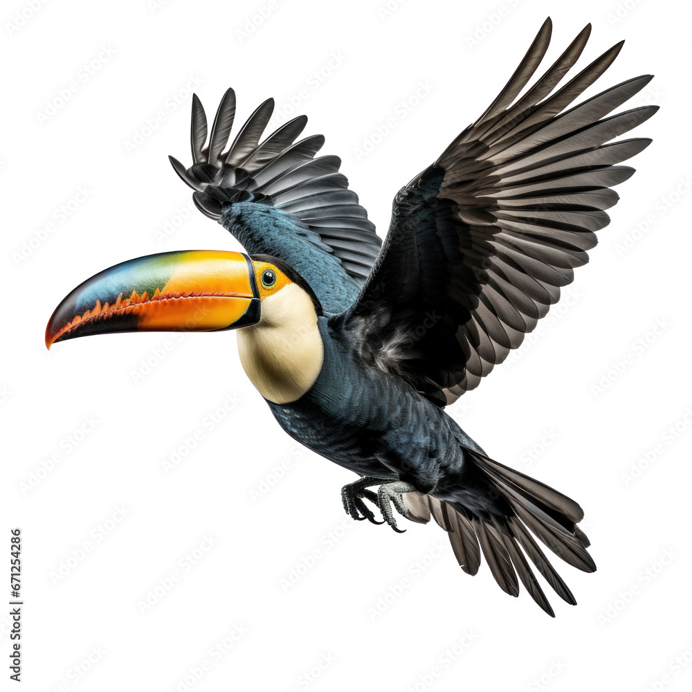 a flying toucan isolated - obrazy, fototapety, plakaty 