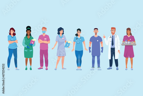 Set of doctors, nurses and paramedics. Portraits of male and female medic workers in uniform with stethoscopes, masks and gloves. Flat cartoon illustration isolated on light background