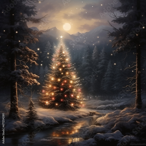 A magical Christmas tree in the forest, ai generative