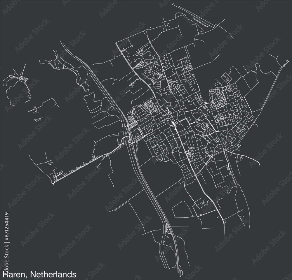 Detailed hand-drawn navigational urban street roads map of the Dutch city of HAREN, NETHERLANDS with solid road lines and name tag on vintage background