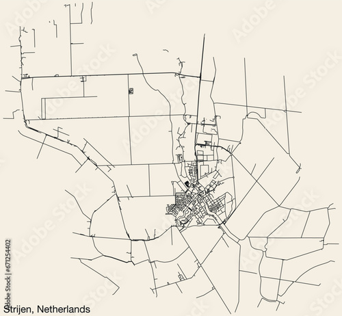 Detailed hand-drawn navigational urban street roads map of the Dutch city of STRIJEN, NETHERLANDS with solid road lines and name tag on vintage background