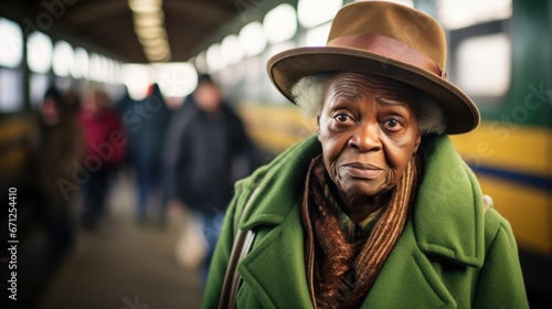 An elderly woman in a green coat and a brown hat is on a train station. Generative AI.