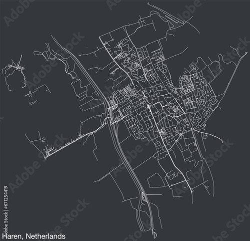 Detailed hand-drawn navigational urban street roads map of the Dutch city of HAREN, NETHERLANDS with solid road lines and name tag on vintage background