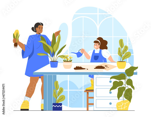 Family takes care of plants concept. Woman with daughter near flowerpots with plants. Horticulture and gardening. Comfort and coziness indoor. Little helper. Cartoon flat vector illustration