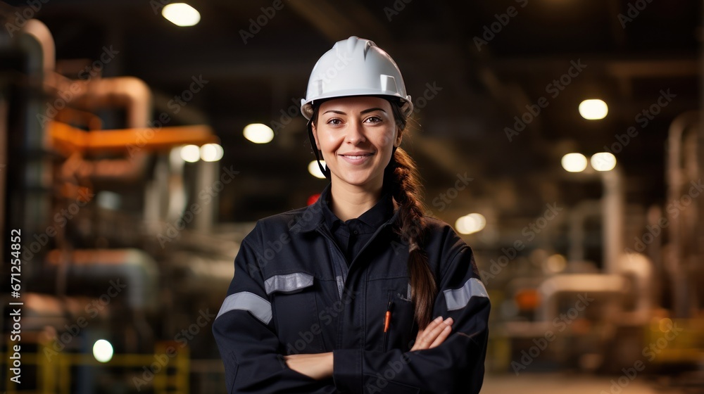 Portrait of a smiling white female engineer at an oil refinery, confidently overseeing operations, maintaining safety standards, generative ai Portrait of a smiling white female engineer at an oil refinery, confidently overseeing operations, maintaining safety standards, generative ai