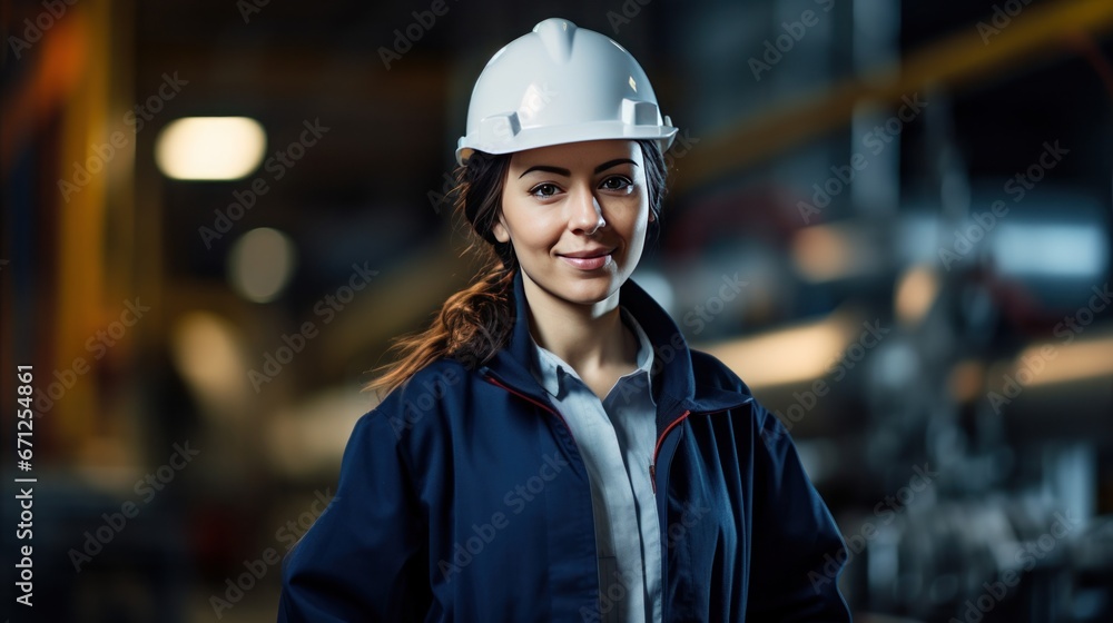 Portrait of a smiling white female engineer at an oil refinery, confidently overseeing operations, maintaining safety standards, generative ai Portrait of a smiling white female engineer at an oil refinery, confidently overseeing operations, maintaining safety standards, generative ai