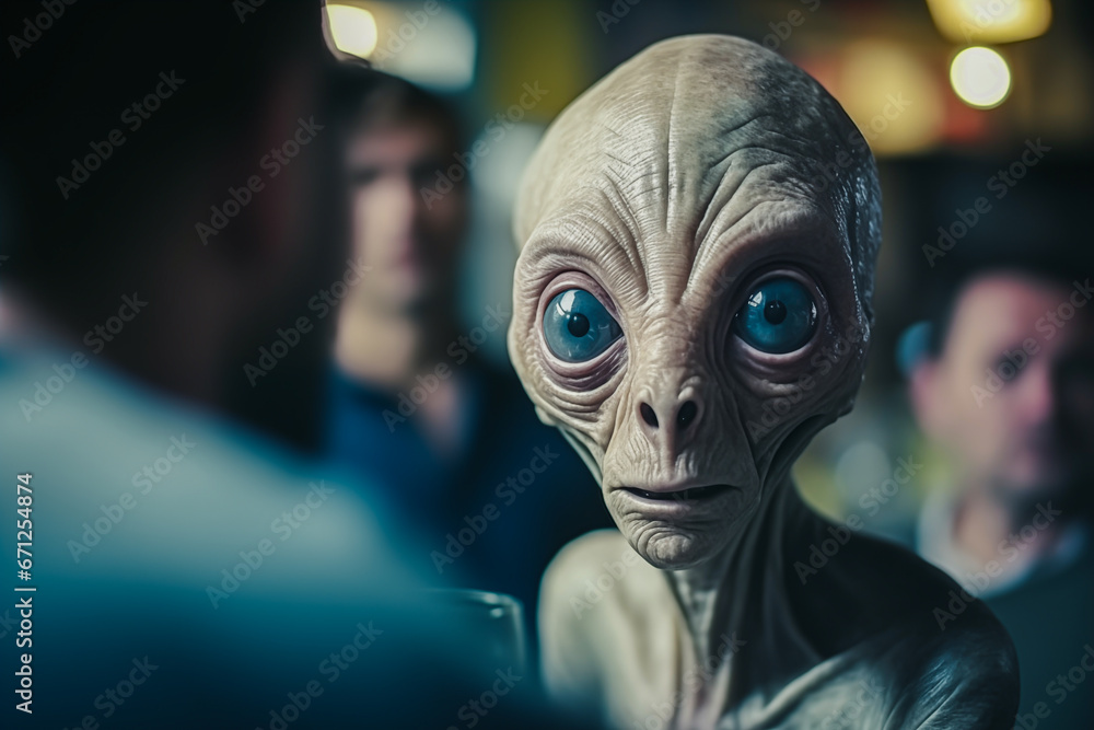alien close-up, extraterrestrial life, inhabitant of another planet in a cafe on earth alien close-up, extraterrestrial life, inhabitant of another planet in a cafe on earth