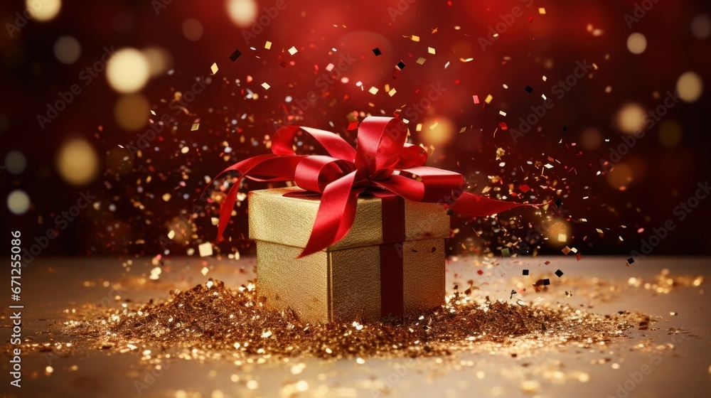 Christmas holidays festive background with red and gold gift box, ribbons and shine glitter splash. Christmas New year winter holidays banner with Golden red glitter gift box Christmas holidays festive background with red and gold gift box, ribbons and shine glitter splash. Christmas New year winter holidays banner with Golden red glitter gift box