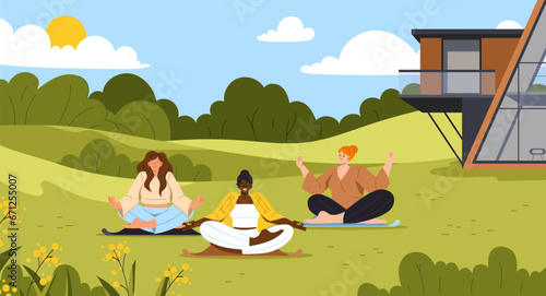 Group yoga in nature concept. Women at mat sitting at nature. Spring and summer season. Active lifestyle and sports, meditation. Sportswomen stretching. Cartoon flat vector illustration