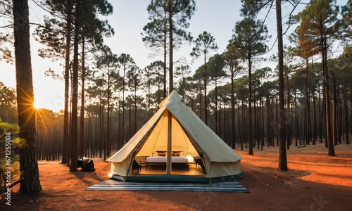  a cozy camping tent stands amidst a serene pine forest photo