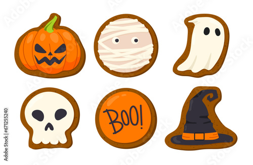 Halloween cookies set. Pumpkin, ghost and skull silhouettes. Homemade bakery and pastry products. Dessert and delicacy. Cartoon flat vector collection isolated on white background
