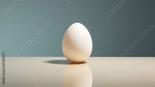  a white egg sitting on top of a table next to a blue and green wall with a shadow on the ground.  generative ai