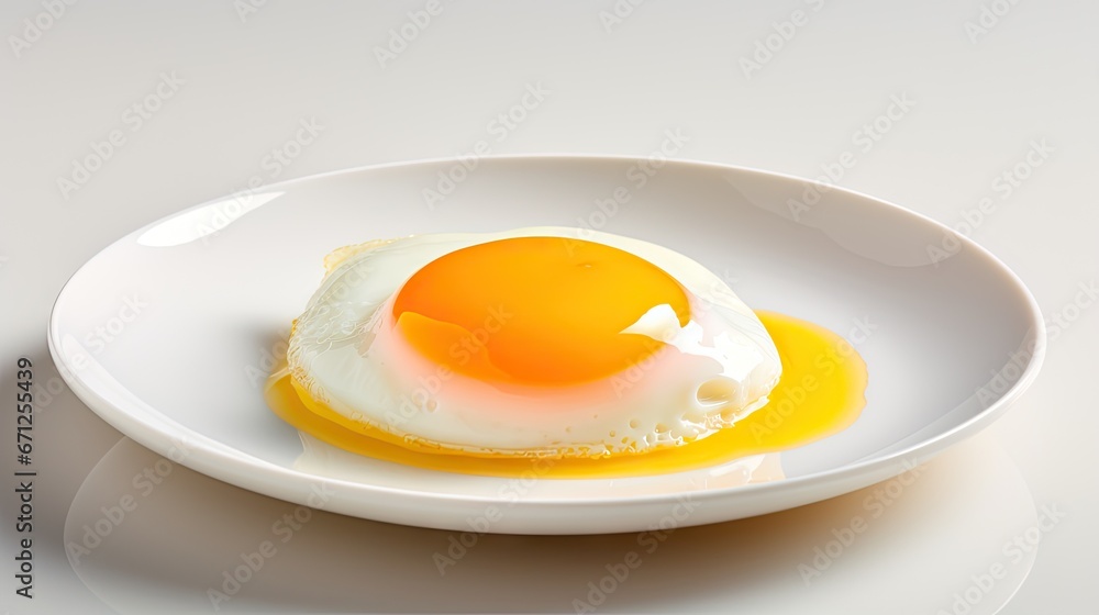 a fried egg on a white plate on a white tablecloth with a shadow of the egg on the plate. generative ai a fried egg on a white plate on a white tablecloth with a shadow of the egg on the plate. generative ai